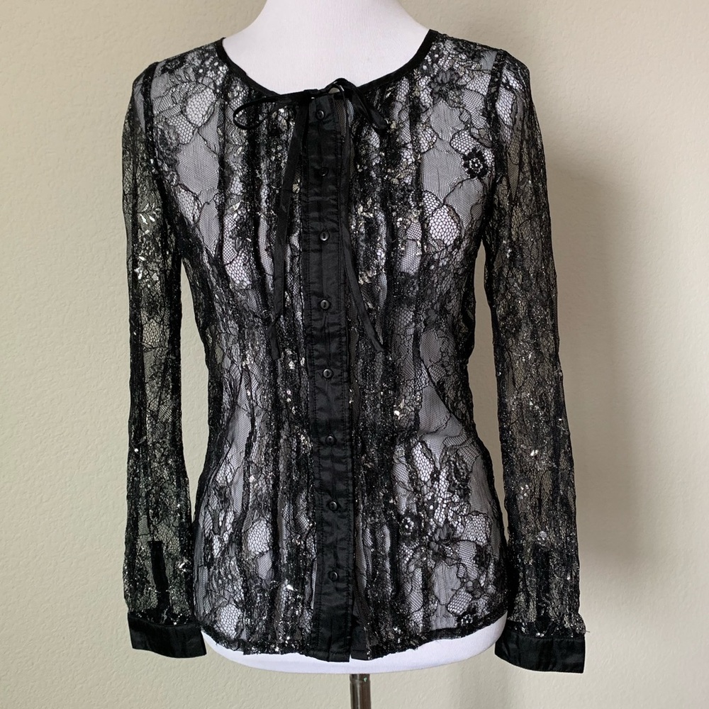 Isabel Lu Black Lace Button Down Blouse, Small